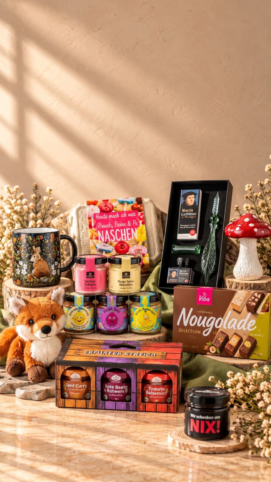 Geschenkideen und Handwerksprodukte im Mein Thüringen Shop mit Plüschtieren, Motivtasse, Glasfeder-Set, Schokolade und herzhaften Spezialitäten